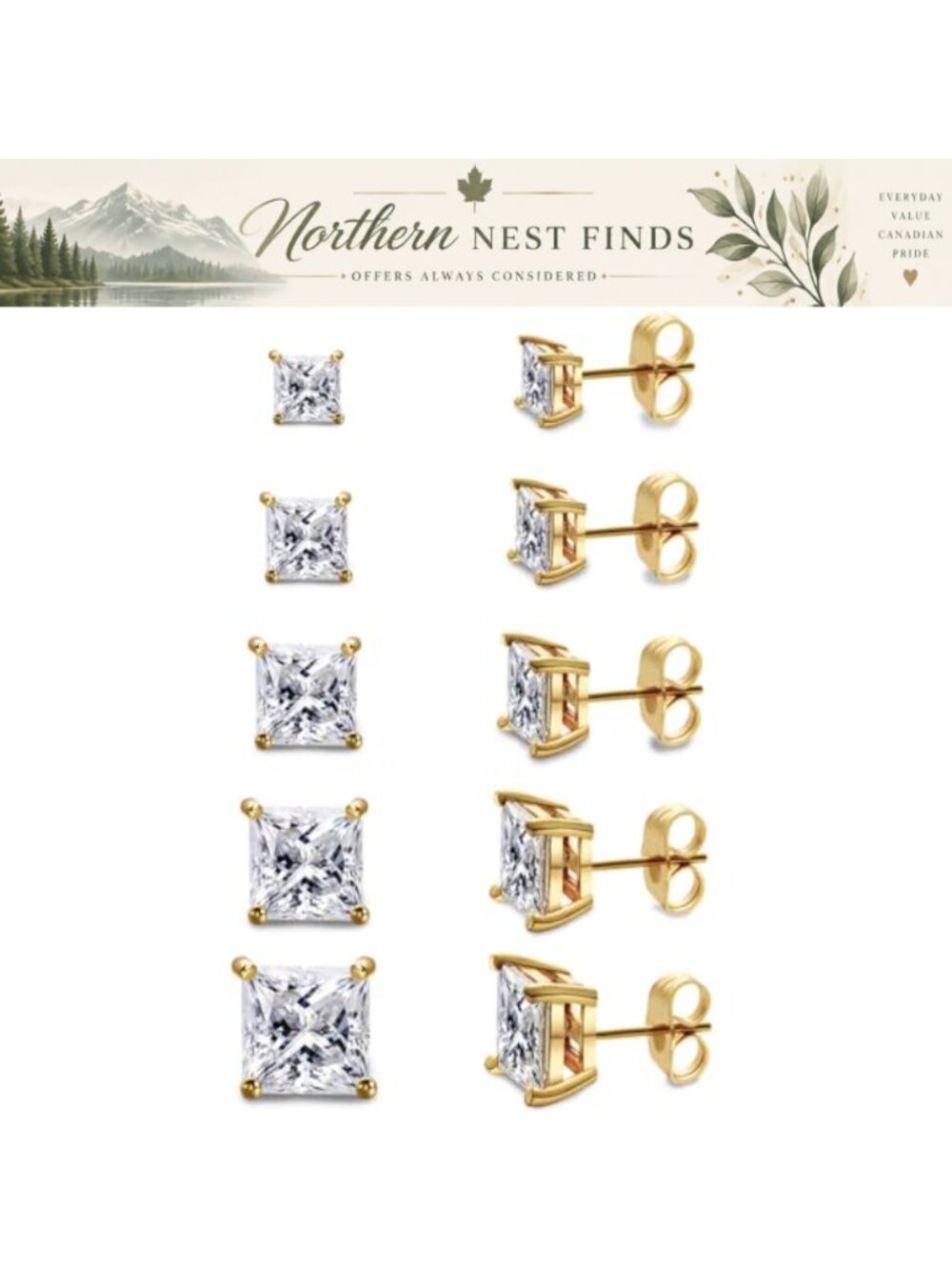 18K Gold Plated Princess Cut Cubic Zirconia Stud Earrings Hypoallergenic Nickel